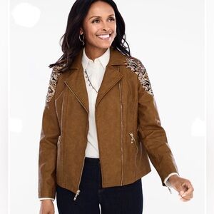 Chico’s Faux Leather Jacquard Moto Jacket